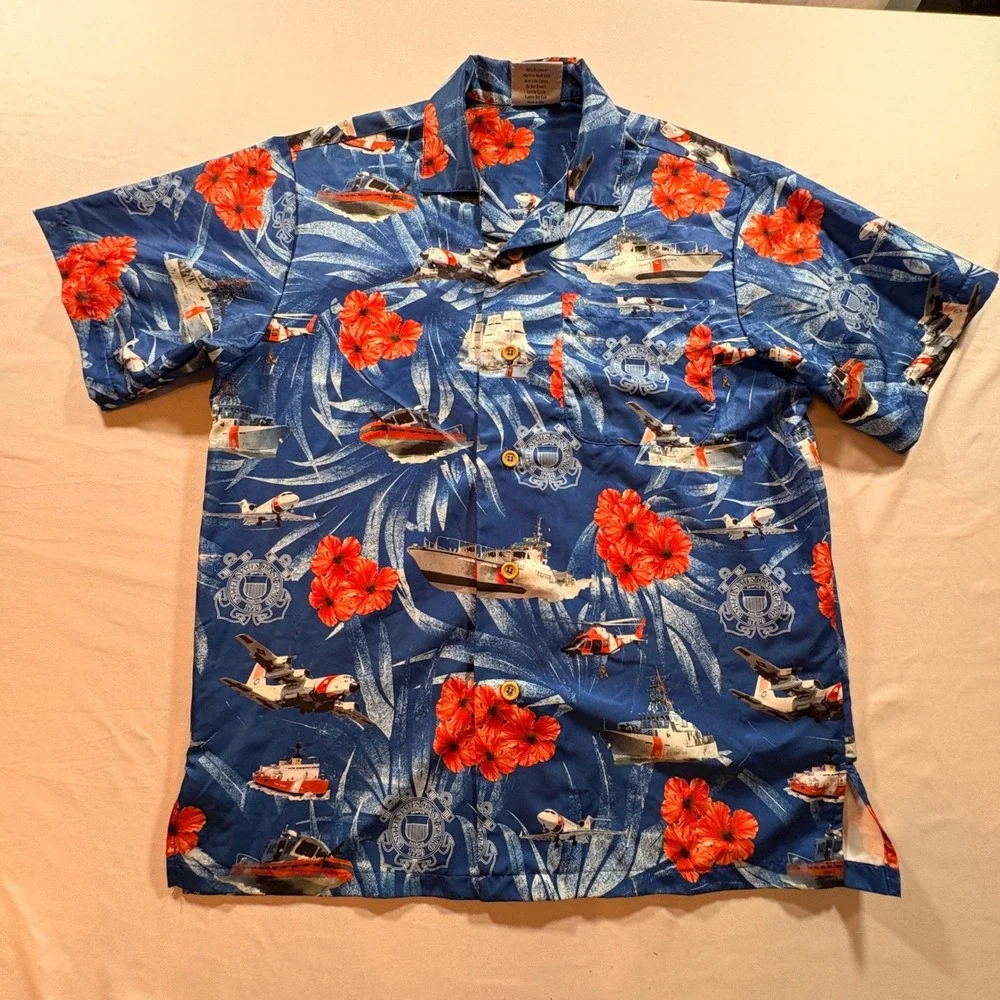 AE Sport US Coast Guard Hawaiian Shirt Mens Small Blue USCG Military Aloha USA